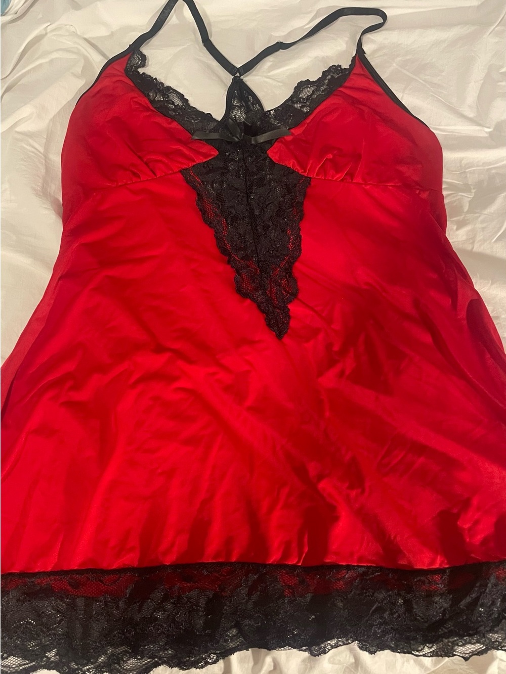 Red Satin & Black Lace Chemise Nightdress